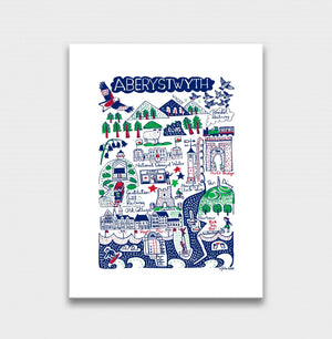 Aberwystwyth pretty little seaside art print by British illustrator Julia Gash. This popular tourist destination and surfing spot in Wales is depicted by Julia in her iconic spirited style as beautiful wall decor for your home