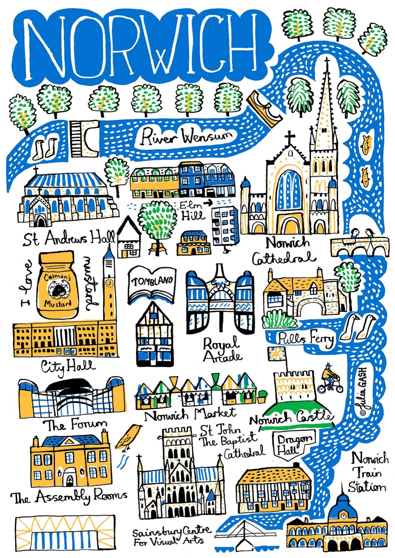Whimsical Norwich Norfolk Art Print by British travel artist Julia Gash