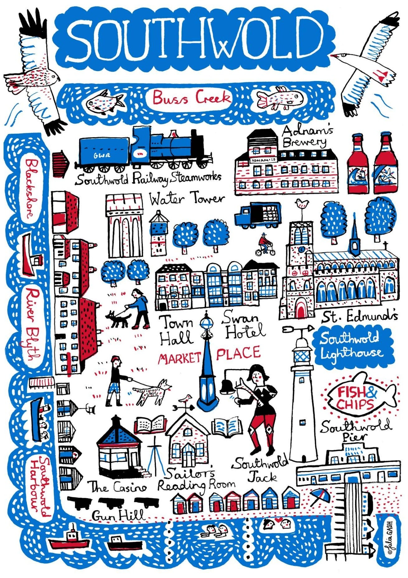Southwold Suffolk Travel Art Print by British map illustratorJulia Gash
