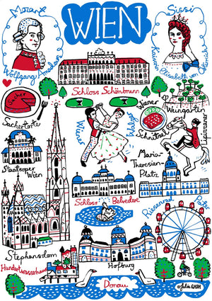 Wien - Vienna Travel Art Print by map artist Julia Gash featuring Mozart