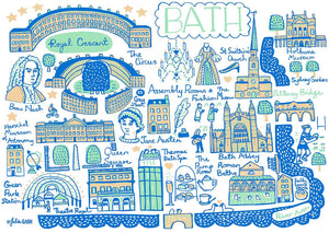 Bath Travel Art Print by British Map Artist Julia Gash featuring Jane Austen, Roman Baths, River Avon, Pump Rooms