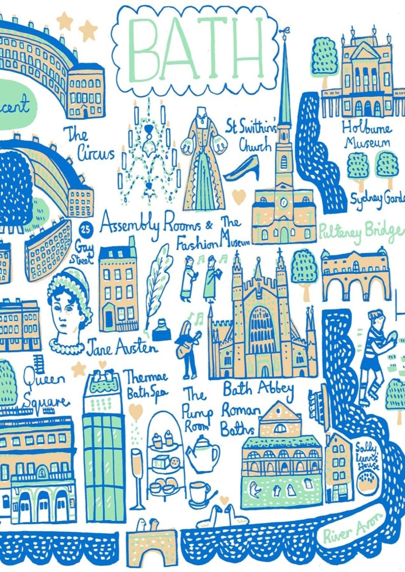 Bath Travel Art Print by British Map Artist Julia Gash featuring Jane Austen, Roman Baths, River Avon, Pump Rooms