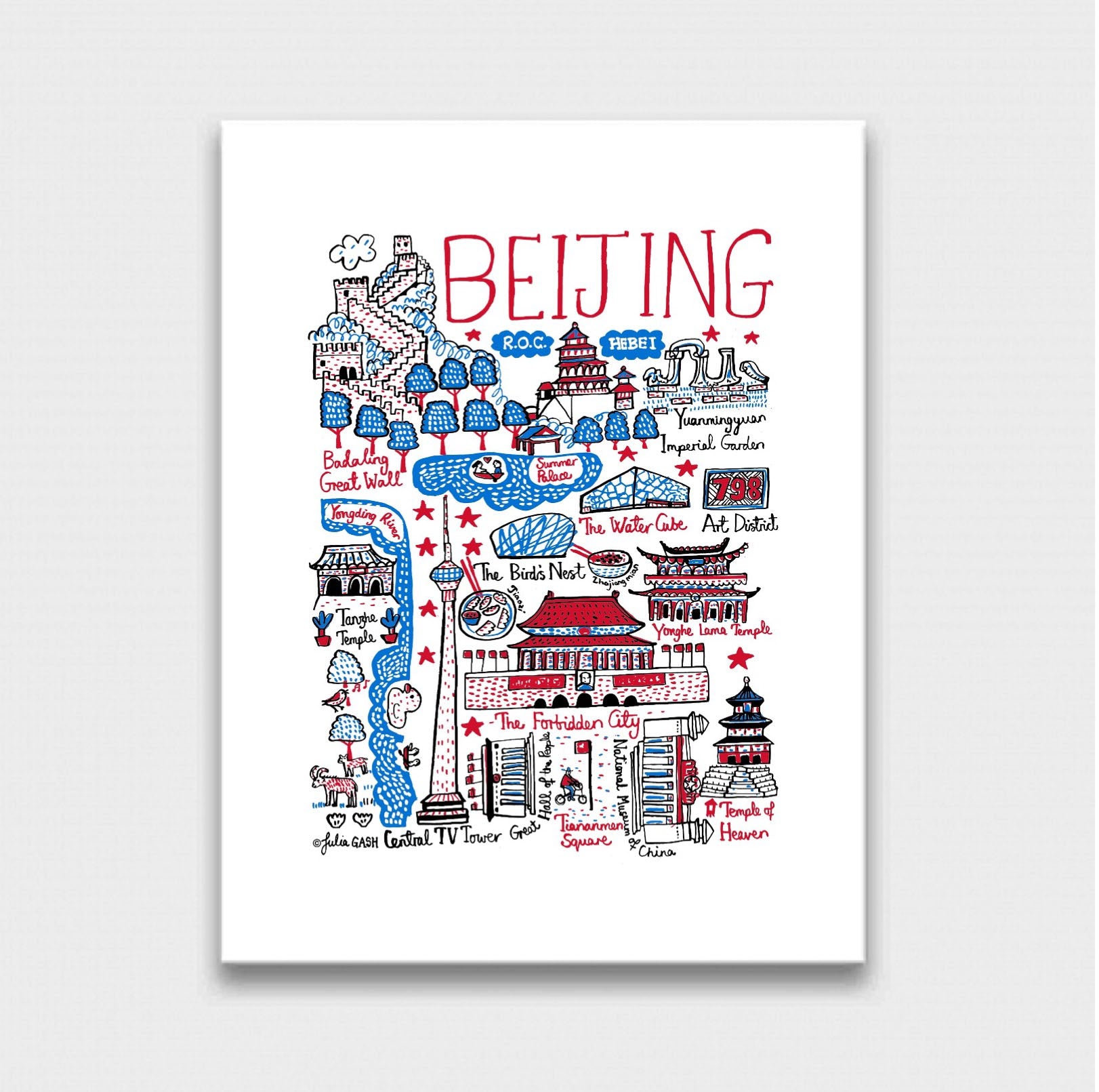 Beijing contemporary map illustration featuring the Great Wall, Forbidden City and Tiananmen Square by British travel artist Julia Gash