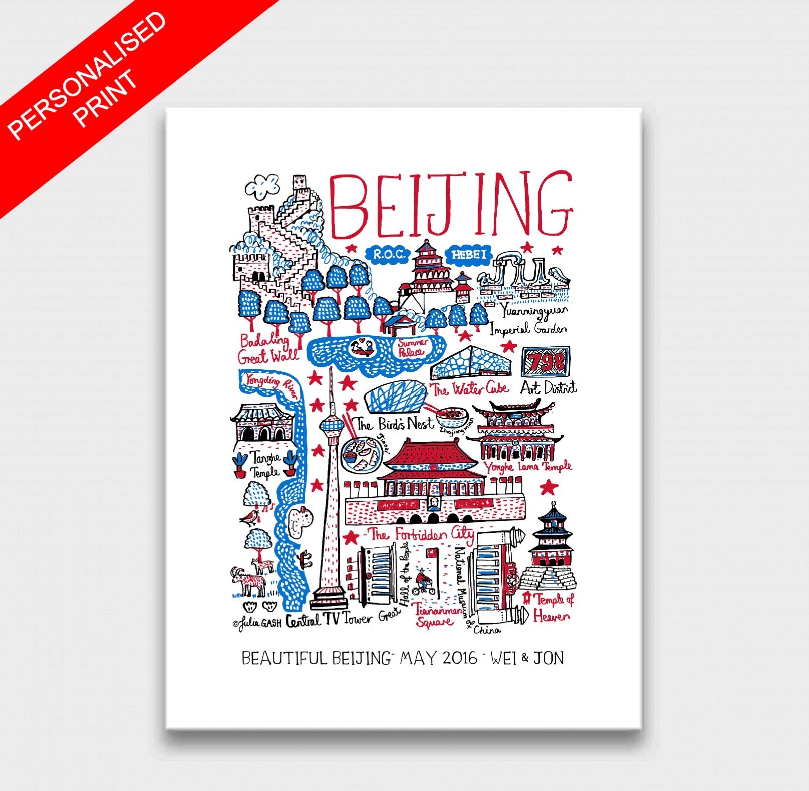 Beijing contemporary map illustration featuring the Great Wall, Forbidden City and Tiananmen Square by British travel artist Julia Gash