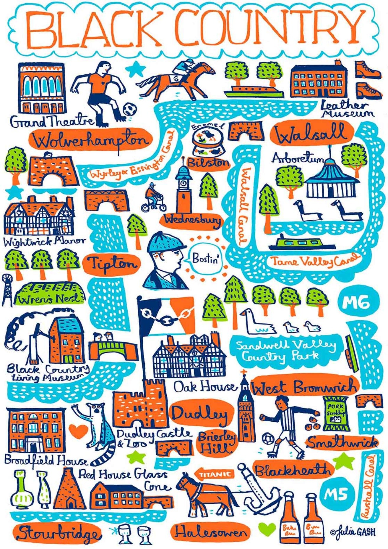 Black Country whimsical illustration by Julia Gash featuring Wolverhampton, Walsall, Stourbridge, Halesowen, Dudley, West Bromwich, Tipton