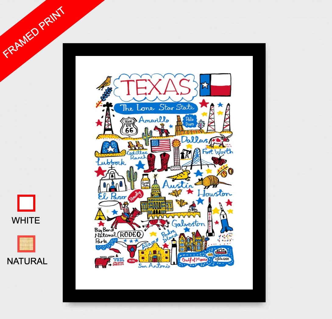 Contemporary Texas USA State Art Print featuring Dallas, Houston, Austin and El Paso by Julia Gash