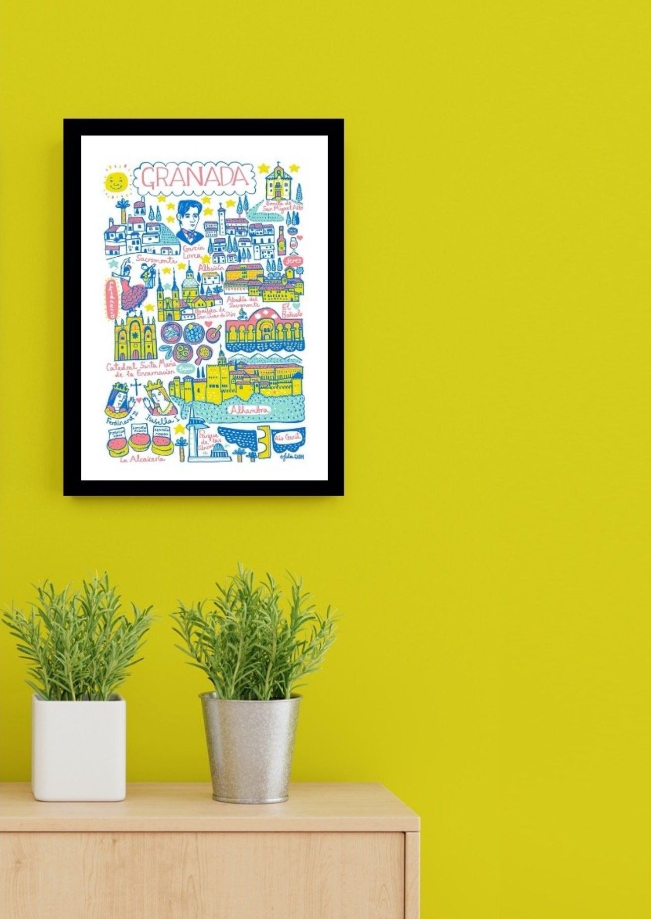 Granada, Andalucia Travel Art Print by British Map Artist Julia Gash featuring Flamenco Dancing, Alhambra, Garcia Lorca