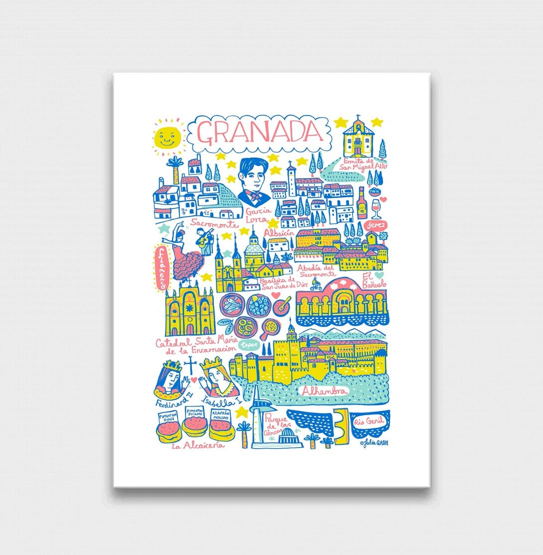 Granada, Andalucia Travel Art Print by British Map Artist Julia Gash featuring Flamenco Dancing, Alhambra, Garcia Lorca