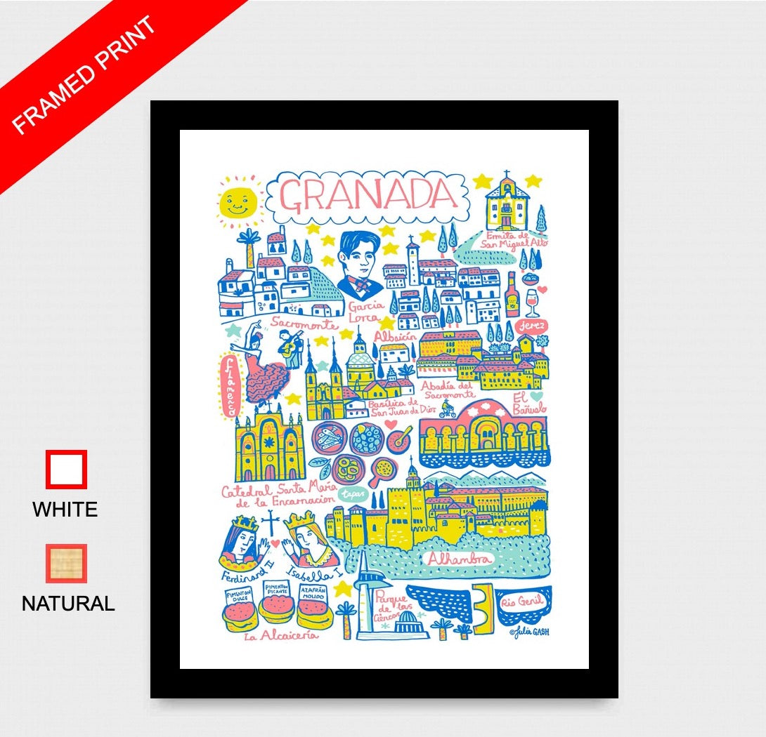 Granada, Andalucia Travel Art Print by British Map Artist Julia Gash featuring Flamenco Dancing, Alhambra, Garcia Lorca