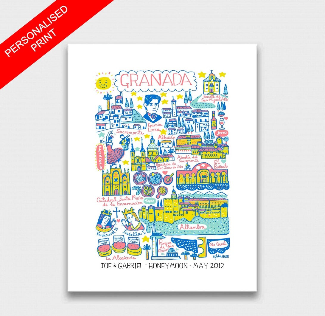 Granada, Andalucia Travel Art Print by British Map Artist Julia Gash featuring Flamenco Dancing, Alhambra, Garcia Lorca