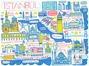 Istanbul cityscape travel print by Julia Gash featuring this iconic city in Turkey: Blue Mosque, Hagia Sophia, Topkapi Palace and the Bosphorus