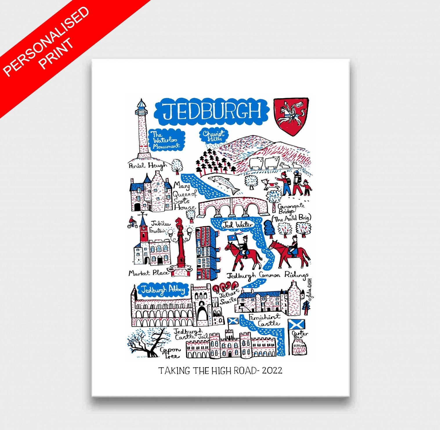 Personalised Contemporary Travel Art Print of Jedburgh, Scotland by British artist Julia Gash