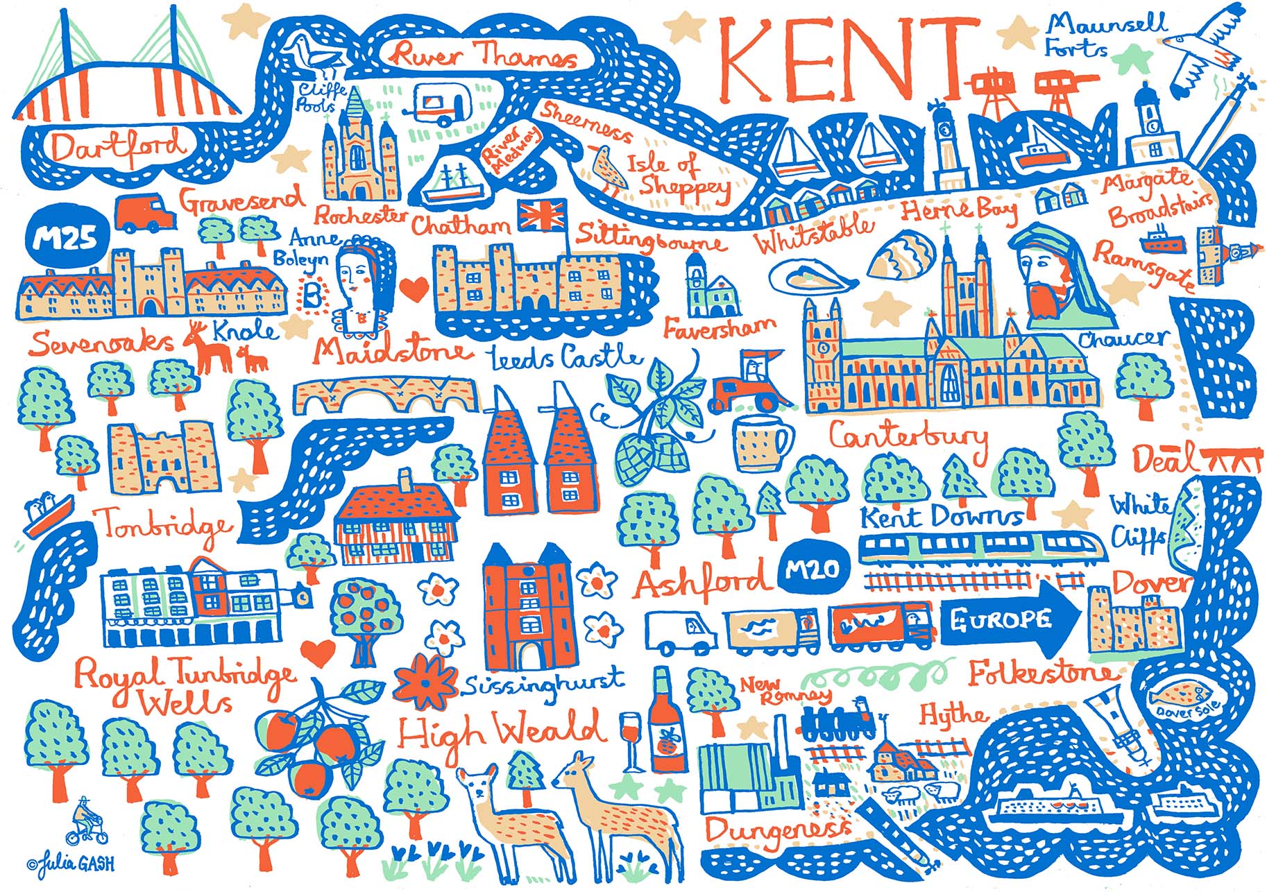 Contemporary Kent travel print illustration featuring Canterbury, Folkestone, Dover, Margate, Ashford Chatham and Maidstone