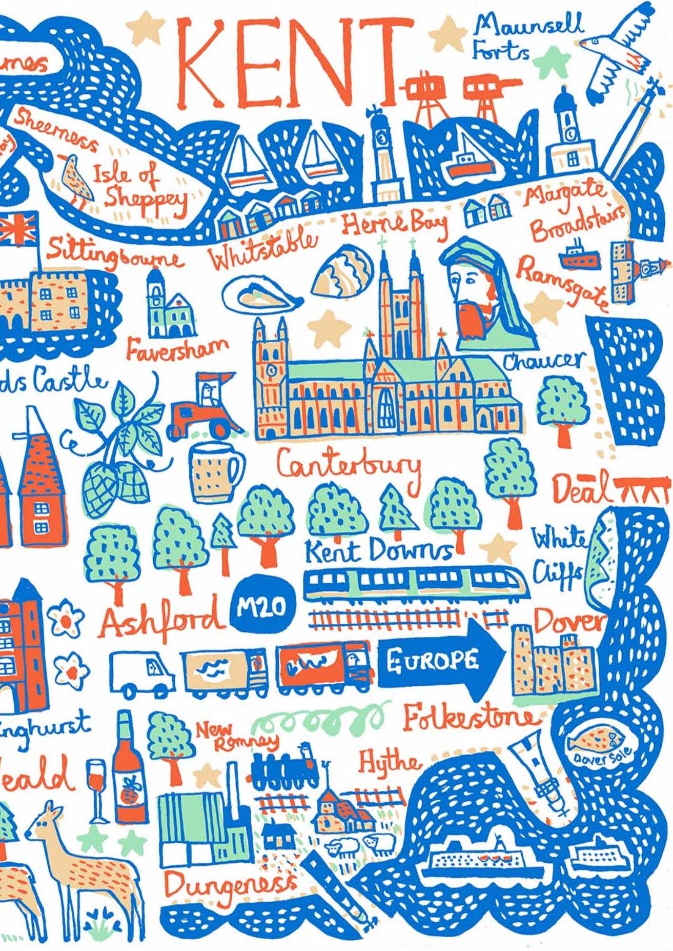 Contemporary Kent travel print illustration featuring Canterbury, Folkestone, Dover, Margate, Ashford Chatham and Maidstone
