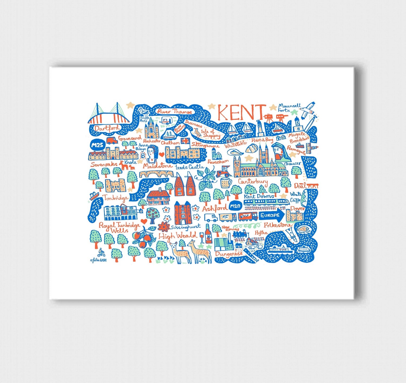 Contemporary Kent travel print illustration featuring Canterbury, Folkestone, Dover, Margate, Ashford Chatham and Maidstone