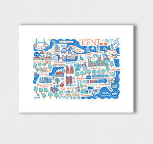 Contemporary Kent travel print illustration featuring Canterbury, Folkestone, Dover, Margate, Ashford Chatham and Maidstone