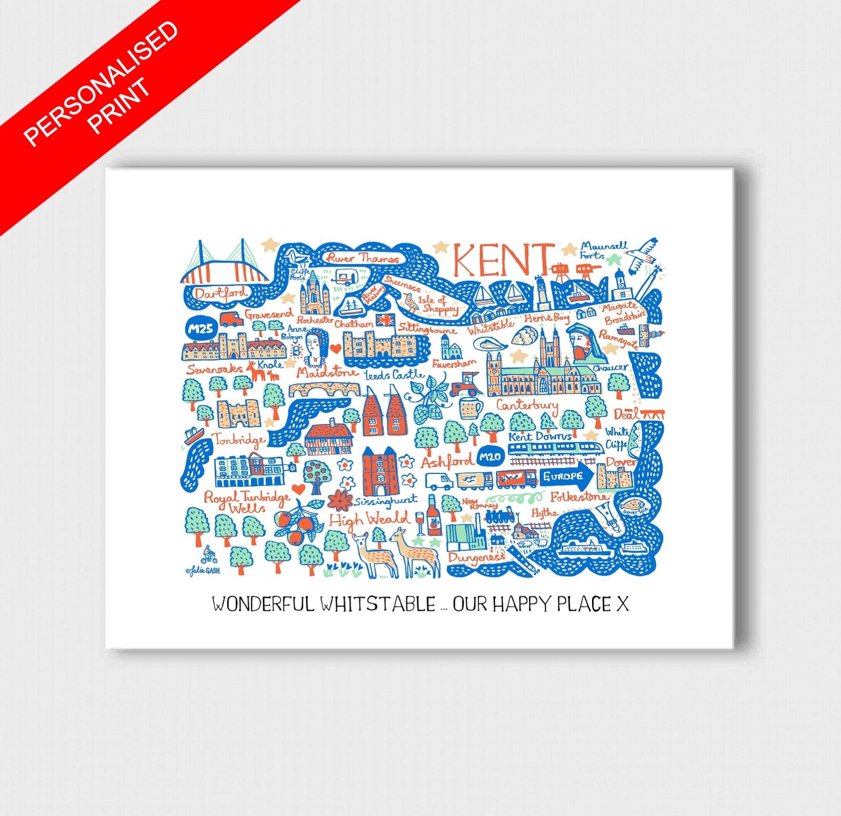 Contemporary Kent travel print illustration featuring Canterbury, Folkestone, Dover, Margate, Ashford Chatham and Maidstone