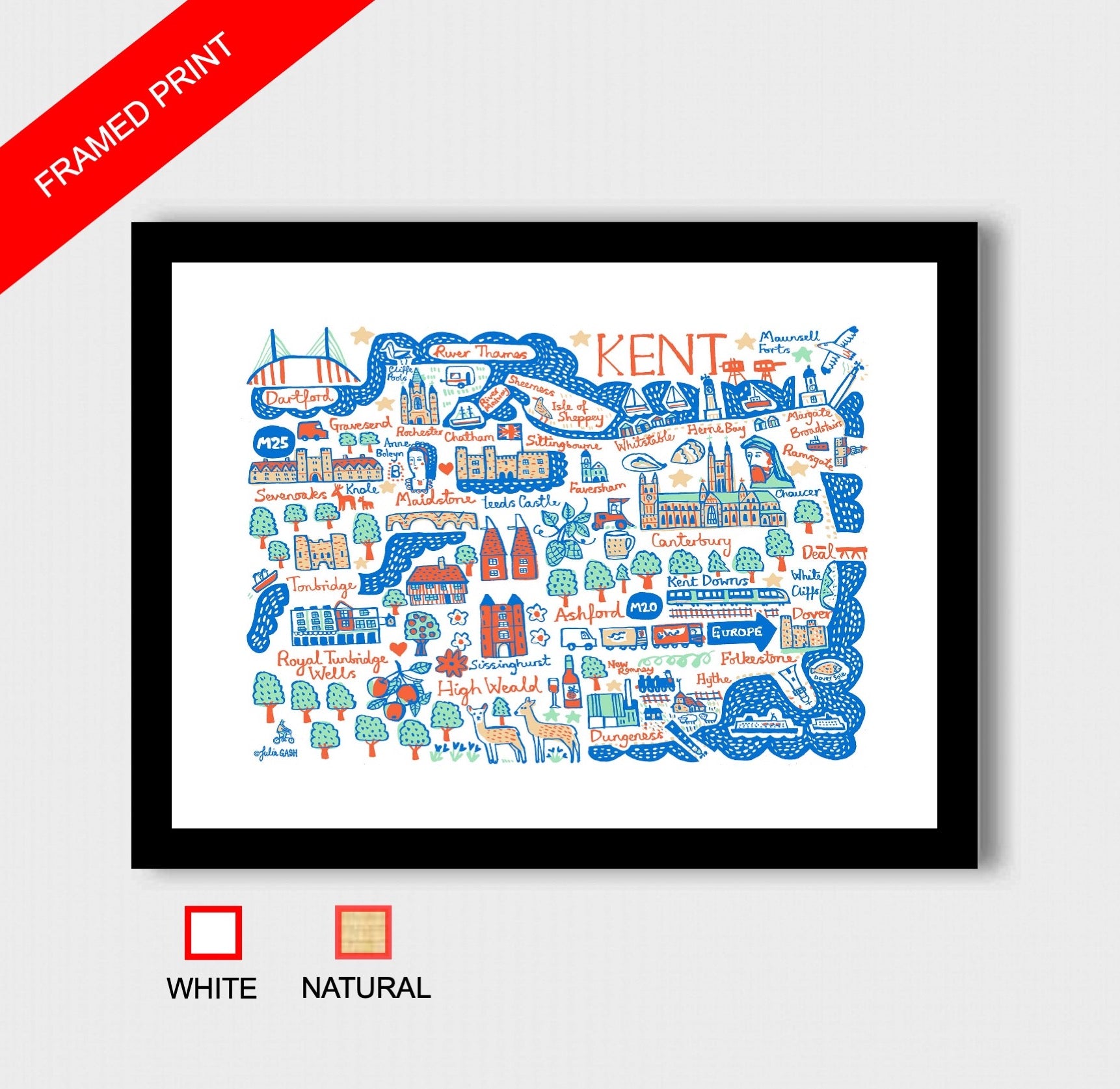 Contemporary Kent travel print illustration featuring Canterbury, Folkestone, Dover, Margate, Ashford Chatham and Maidstone