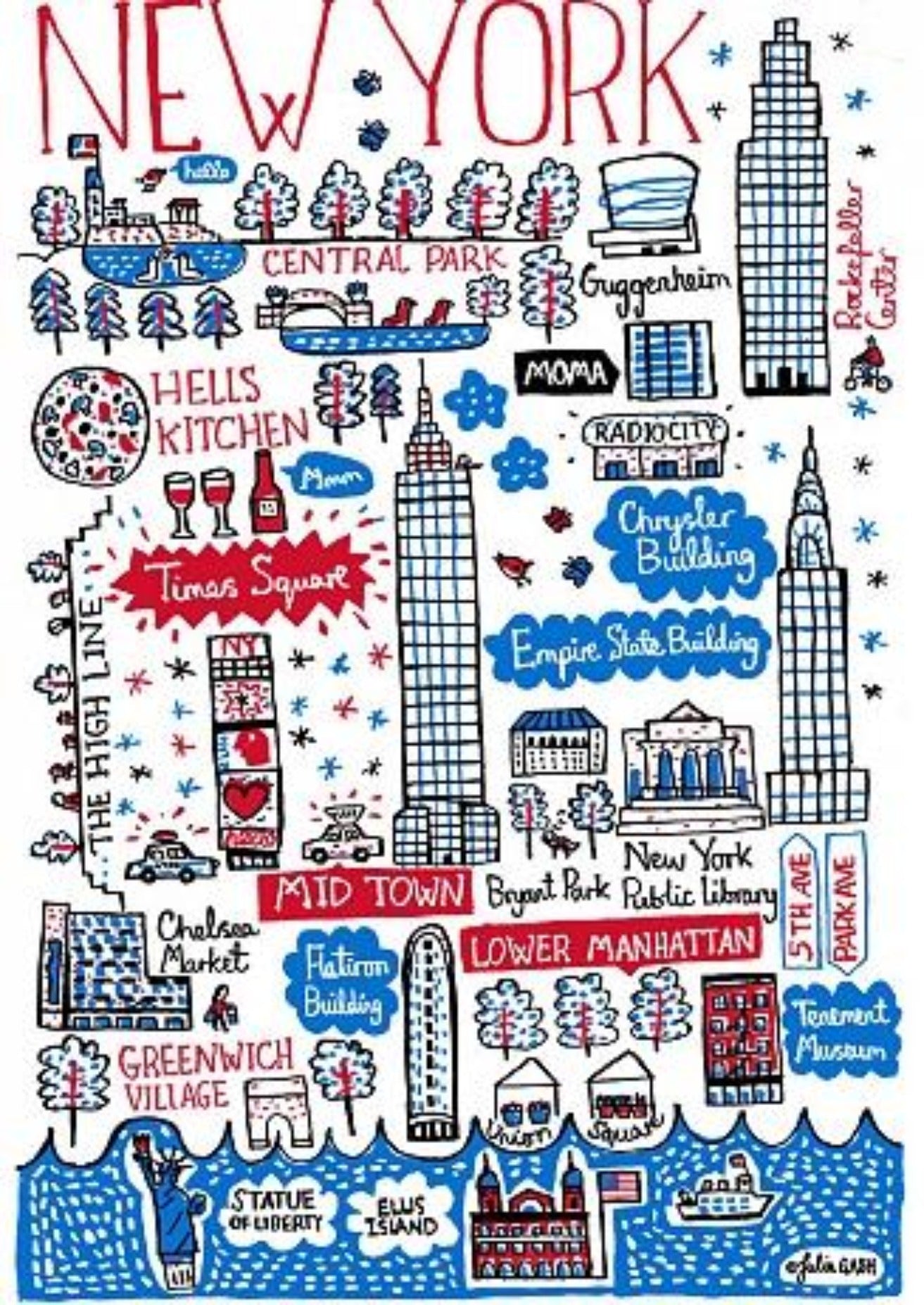 New York Central Park Hells Kitchen Manhattan Statue of Liberty Times Square Empire State Building Art Print - Julia Gash