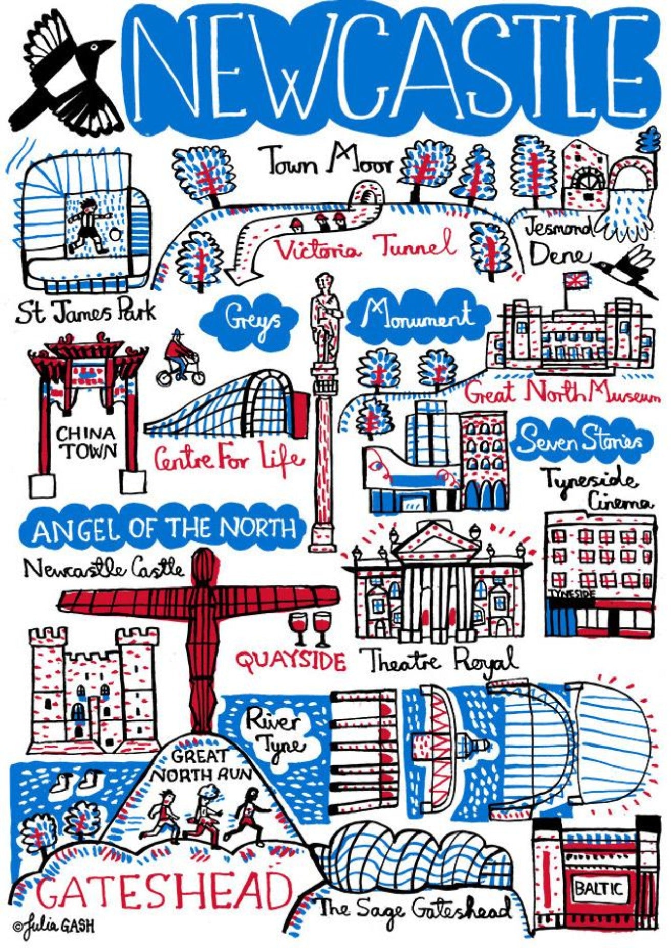 Newcastle and Gateshead, Tyne & Wear Cityscape Art Print by Map British Illustrator Julia Gash
