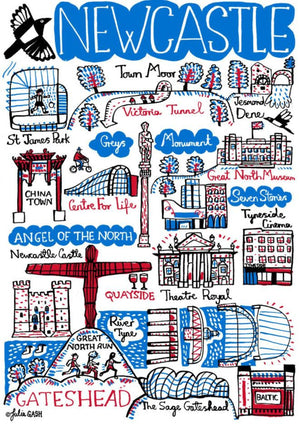 Newcastle and Gateshead,  Tyne & Wear Cityscape Art Print by Map British Illustrator Julia Gash