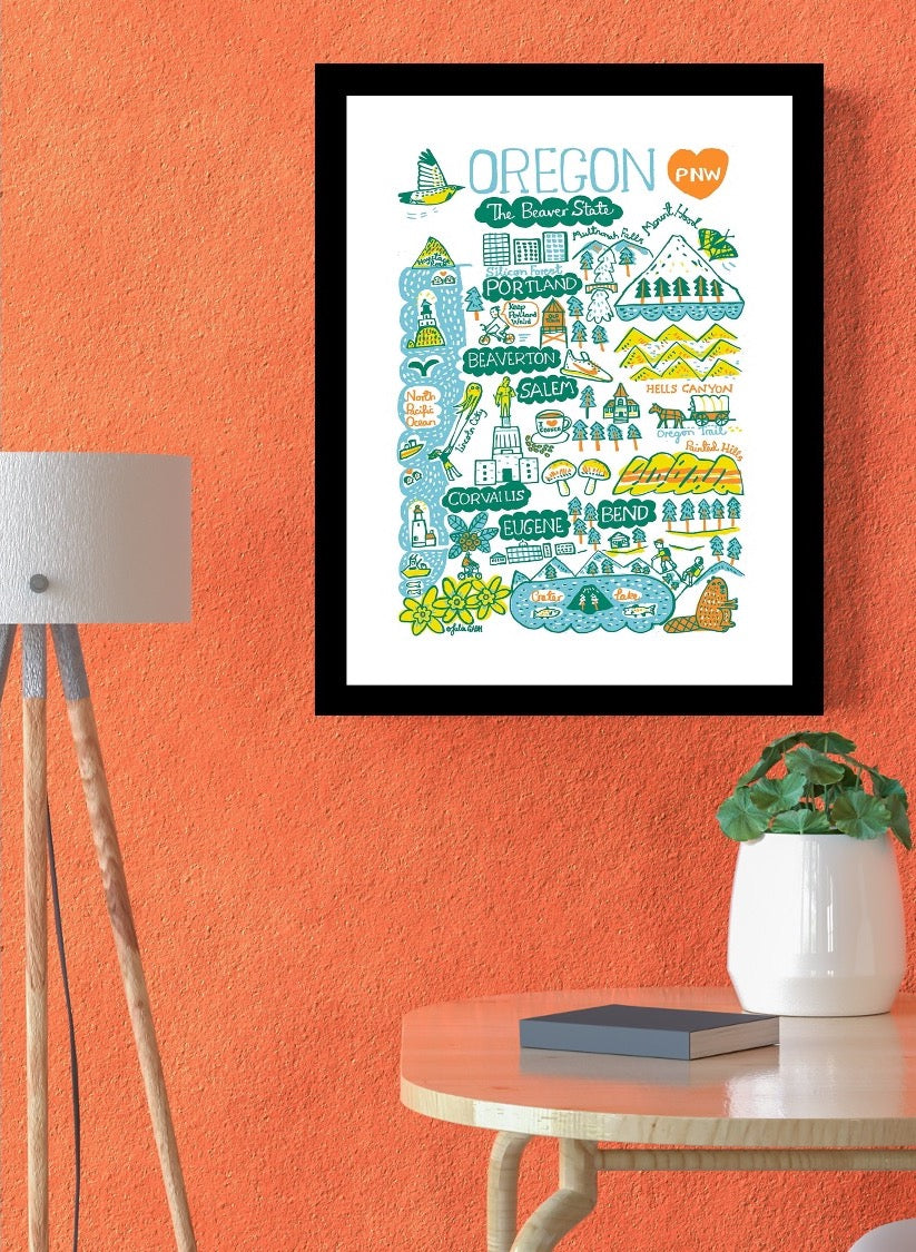 Oregon USA State Map Illustration Art Print featuring Portland, Eugene and Bend, by British map artist Julia Gash