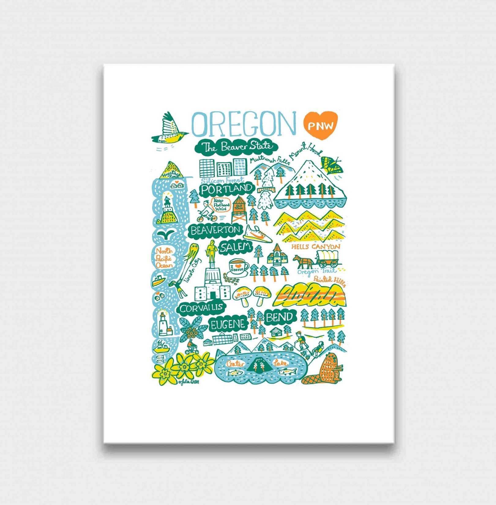 Oregon USA State Map Illustration Art Print featuring Portland, Eugene and Bend, by British map artist Julia Gash