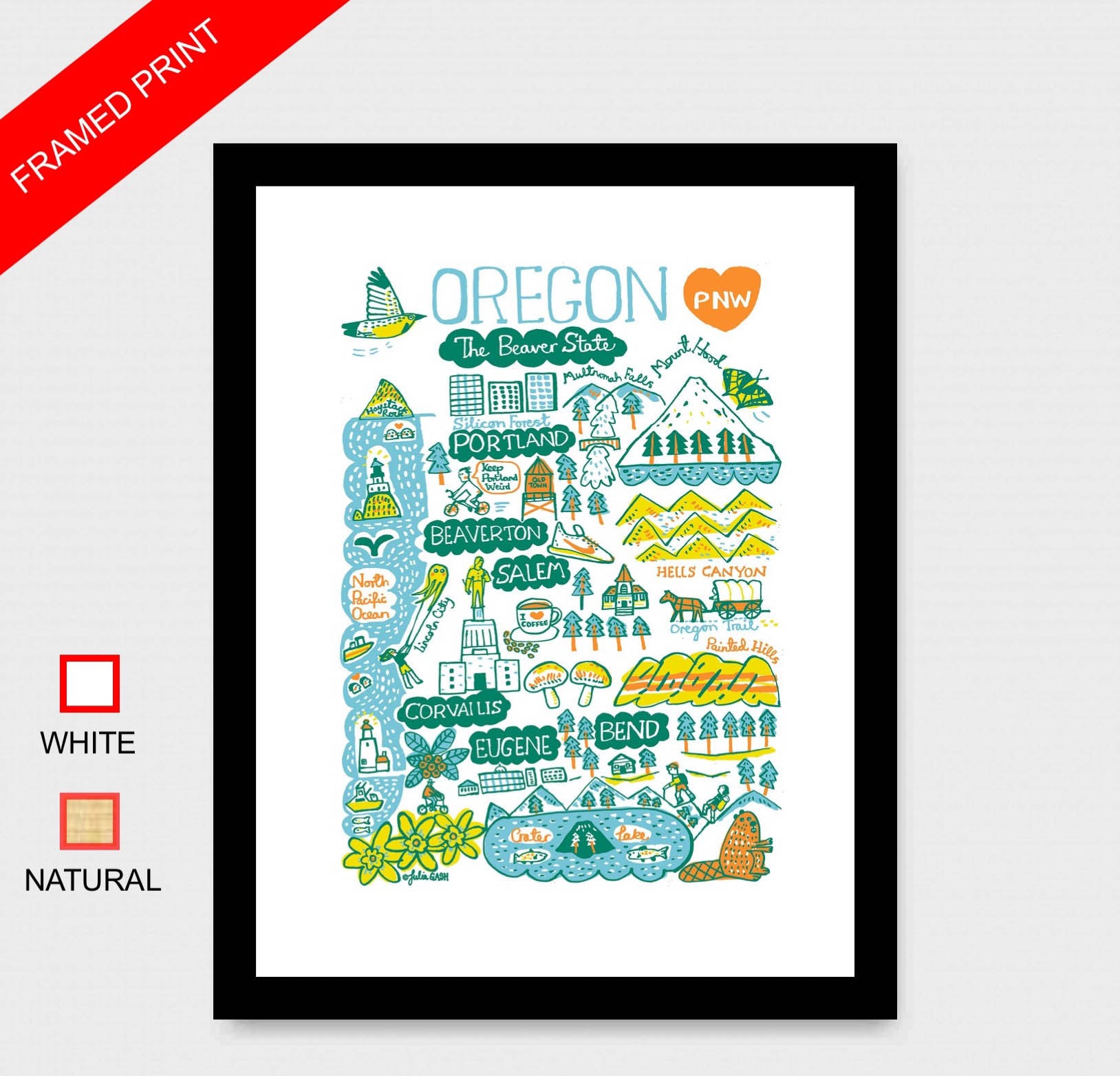 Oregon USA State Map Illustration Art Print featuring Portland, Eugene and Bend, by British map artist Julia Gash