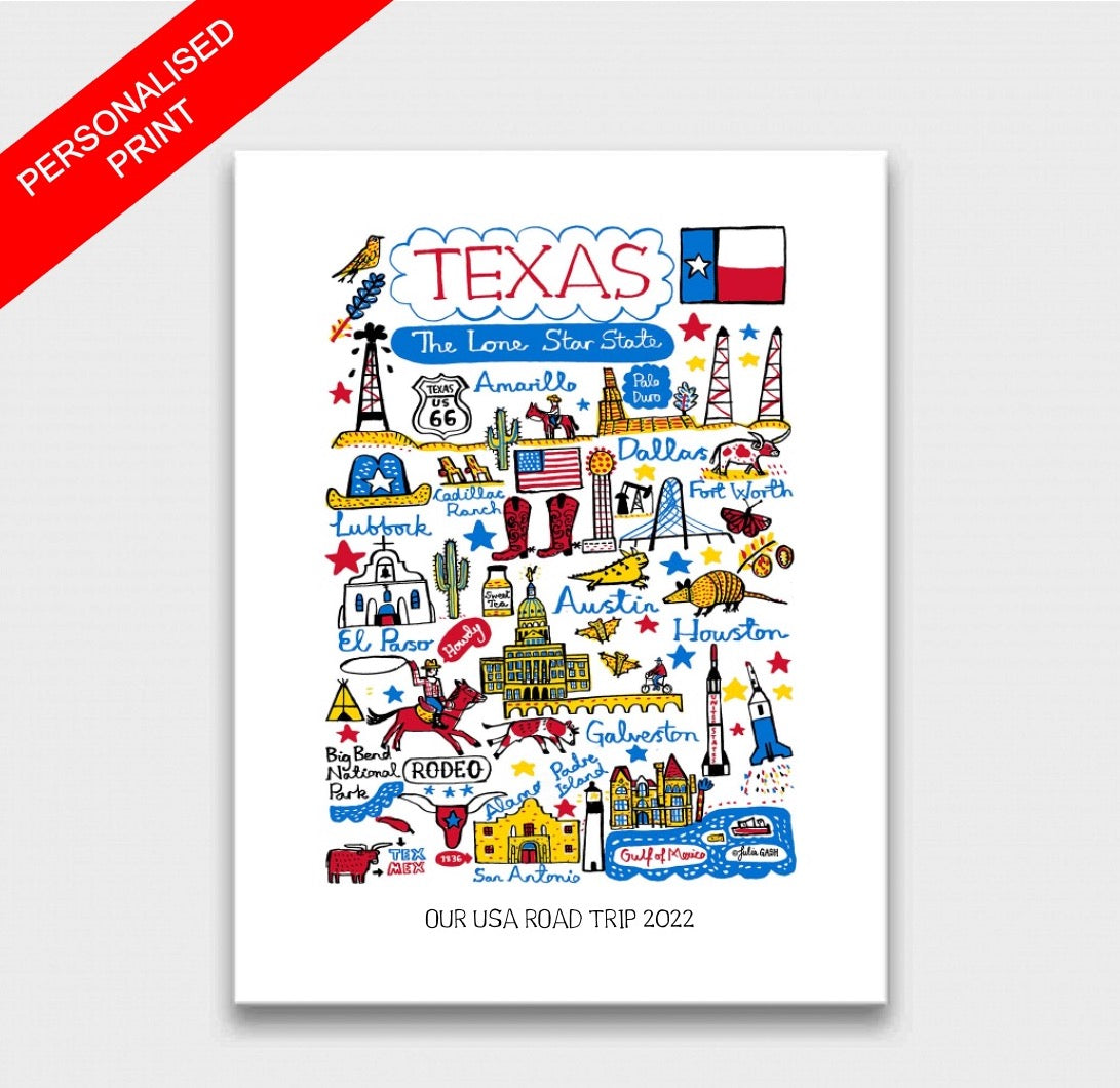 Contemporary Texas USA State Art Print featuring Dallas, Houston, Austin and El Paso by Julia Gash