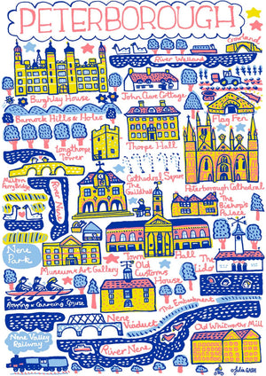 Peterborough Cambridgeshire Map Illustration Art Print by British travel artist Julia Gash