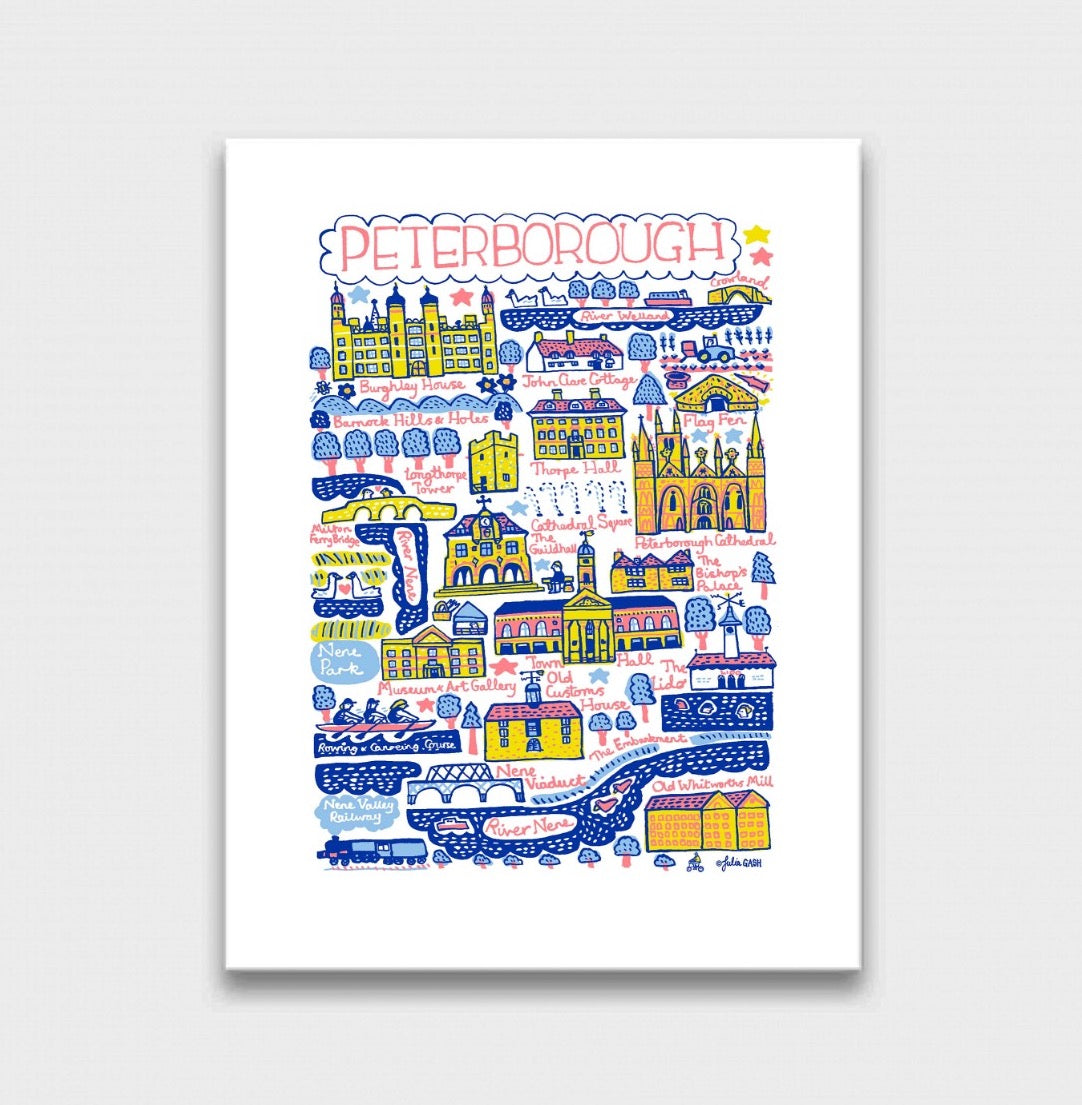Peterborough Cambridgeshire Map Illustration Art Print by British travel artist Julia Gash