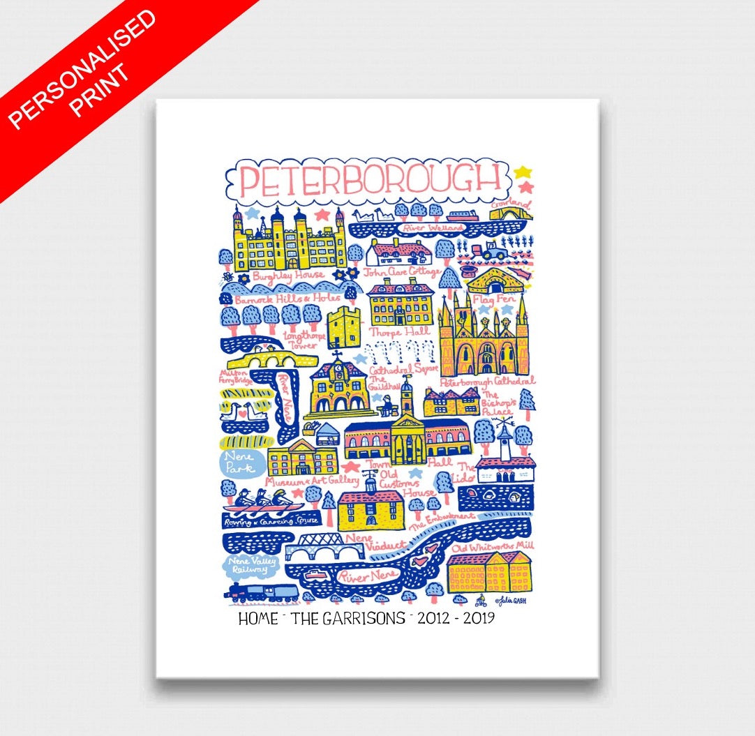 Peterborough Cambridgeshire Map Illustration Art Print by British travel artist Julia Gash