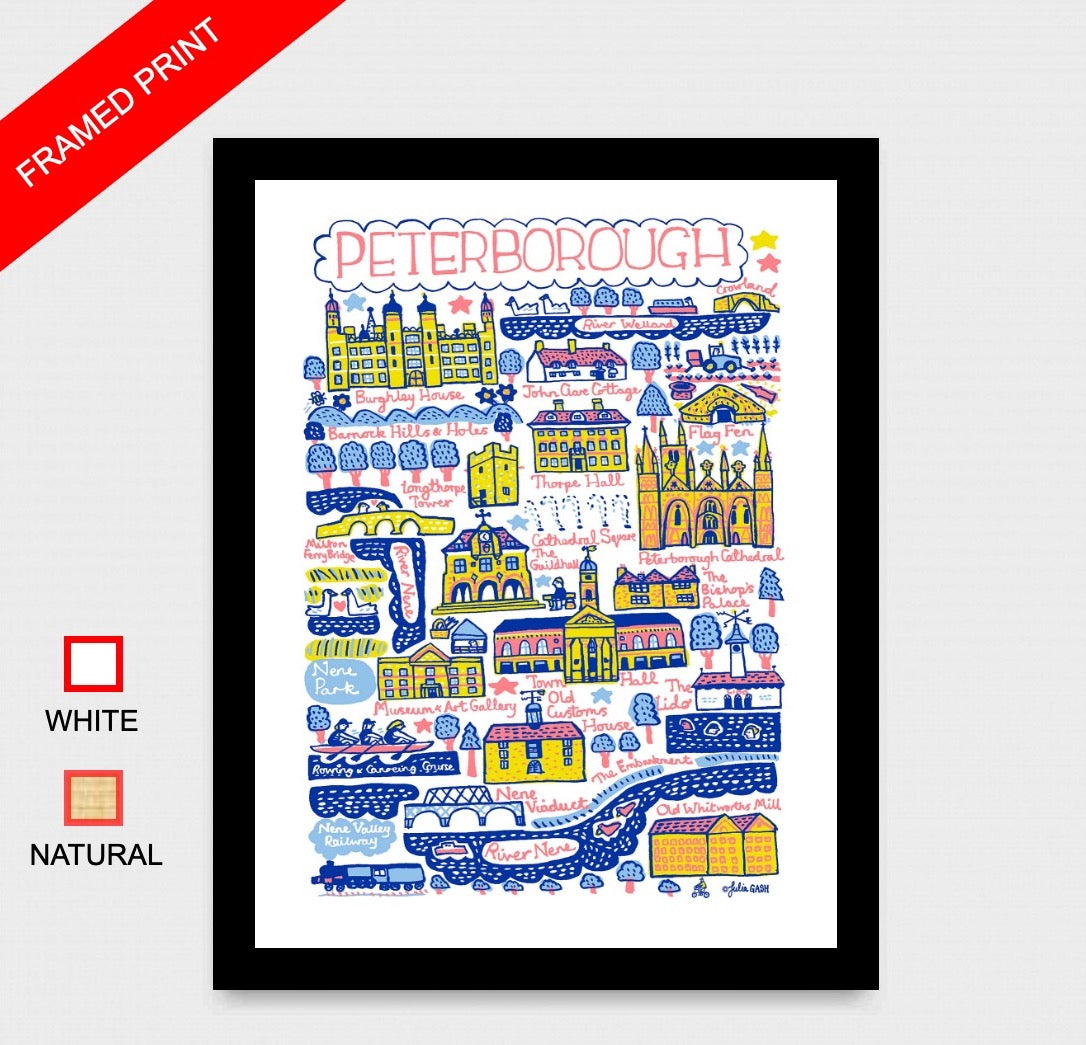 Peterborough Cambridgeshire Map Illustration Art Print by British travel artist Julia Gash