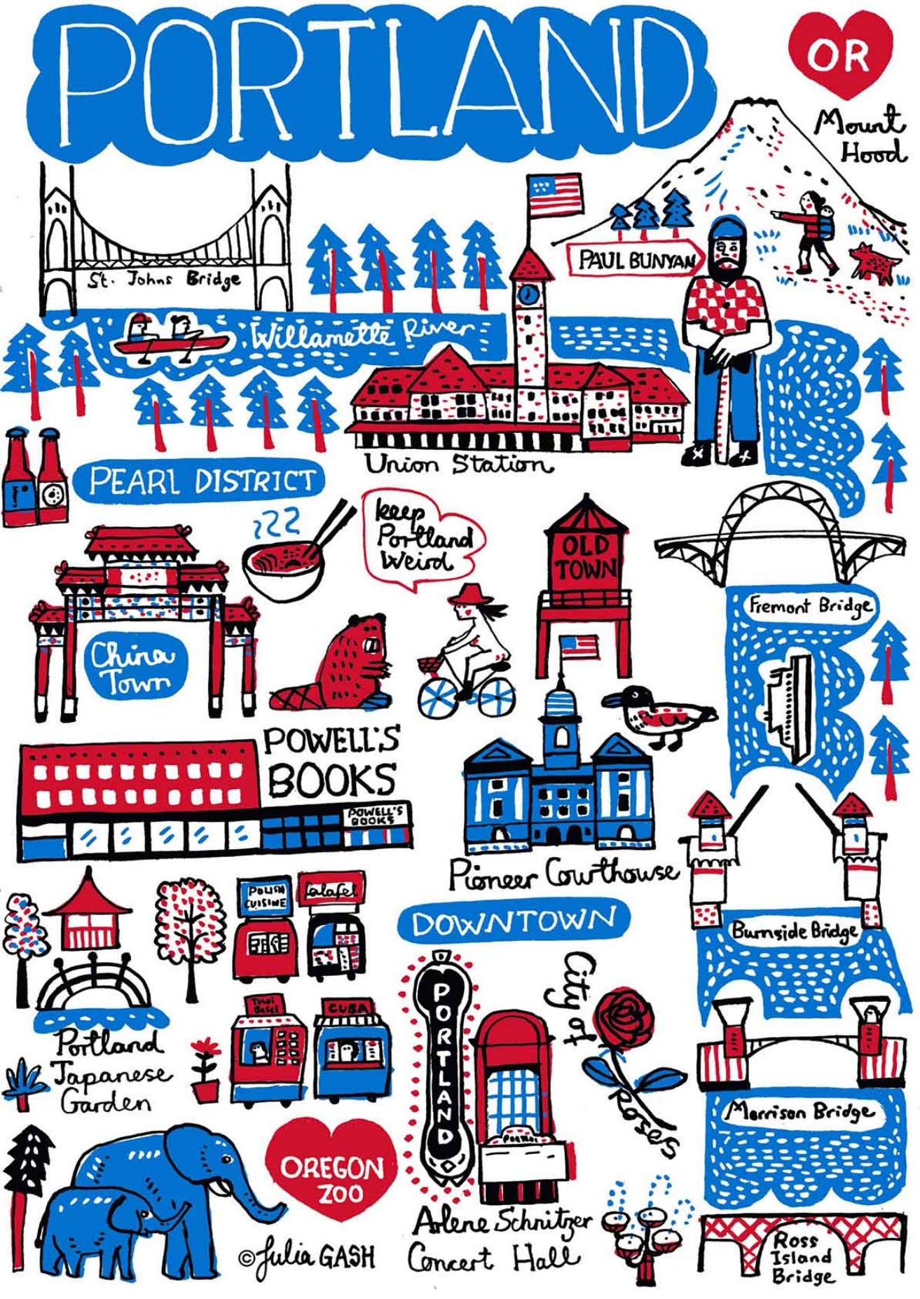 Portland Oregon Travel Art print featuring Mount Hood by British map illustrator Julia Gash