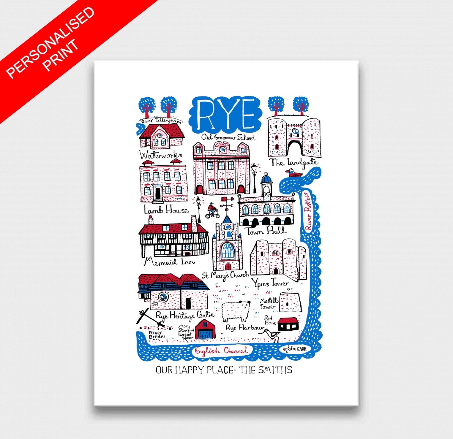 Rye personalised cityscape illustration by Julia Gash, features the coast in East Sussex with lots of medieval buildings including Ypres Tower. Spirited and contemporary travel themed illustrations by Julia Gash are wonderful wanderlust decor for your home.