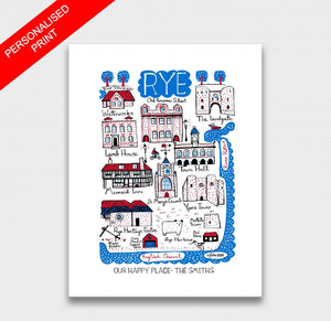 Rye personalised cityscape illustration by Julia Gash, features the coast in East Sussex with lots of medieval buildings including Ypres Tower. Spirited and contemporary travel themed illustrations by Julia Gash are wonderful wanderlust decor for your home.