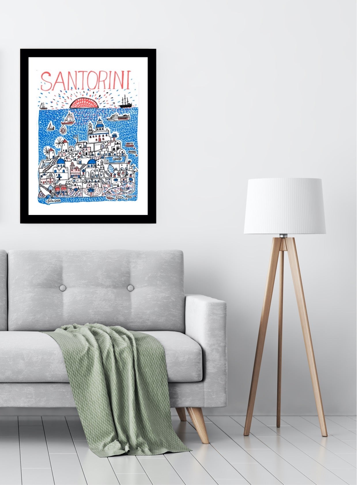 Wanderlust Santorini Greece Art Print -by British map illustrator Julia Gash