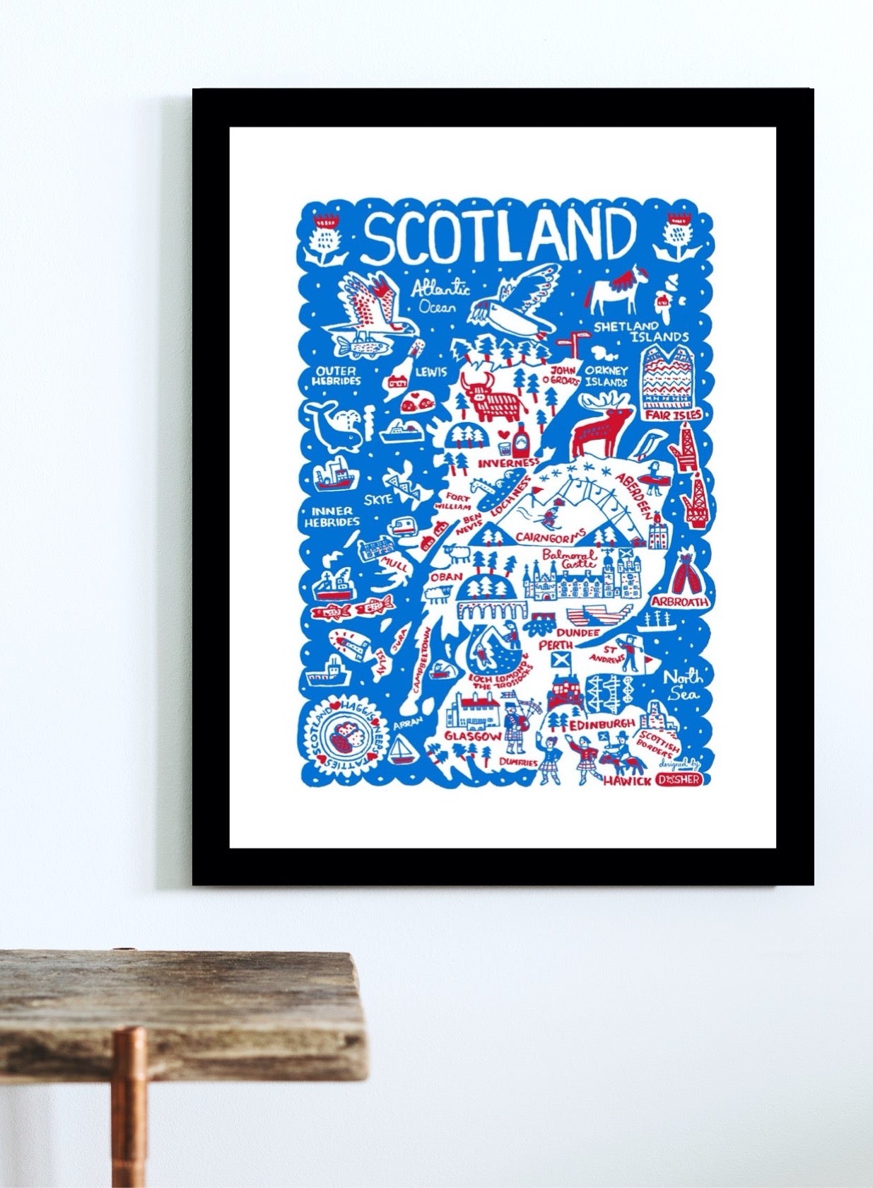 Quirky Scotland Travel Art Print by British map illustrator Julia Gash