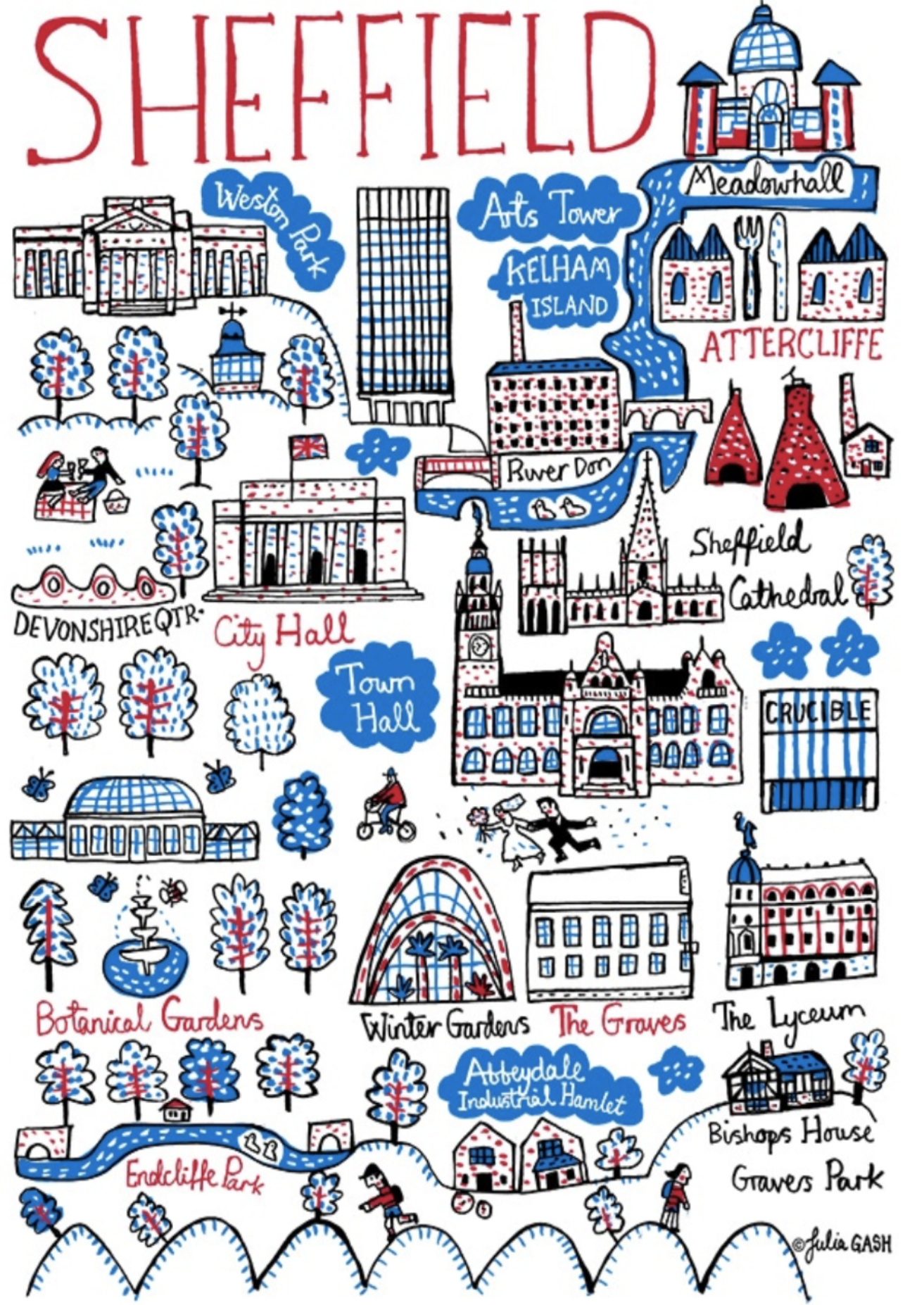 Contemporary Sheffield Yorkshire Art Print by British travel artist Julia Gash