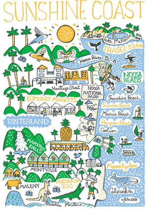 Sunshine Coast Australia Travel Art Print by British map illustrator Julia Gash