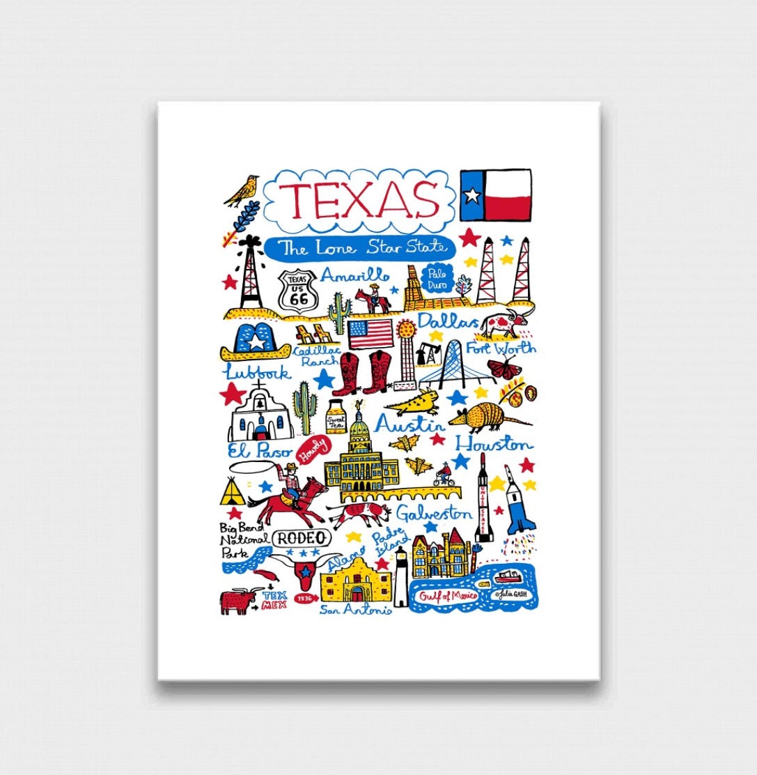 Contemporary Texas USA State Art Print featuring Dallas, Houston, Austin and El Paso by Julia Gash