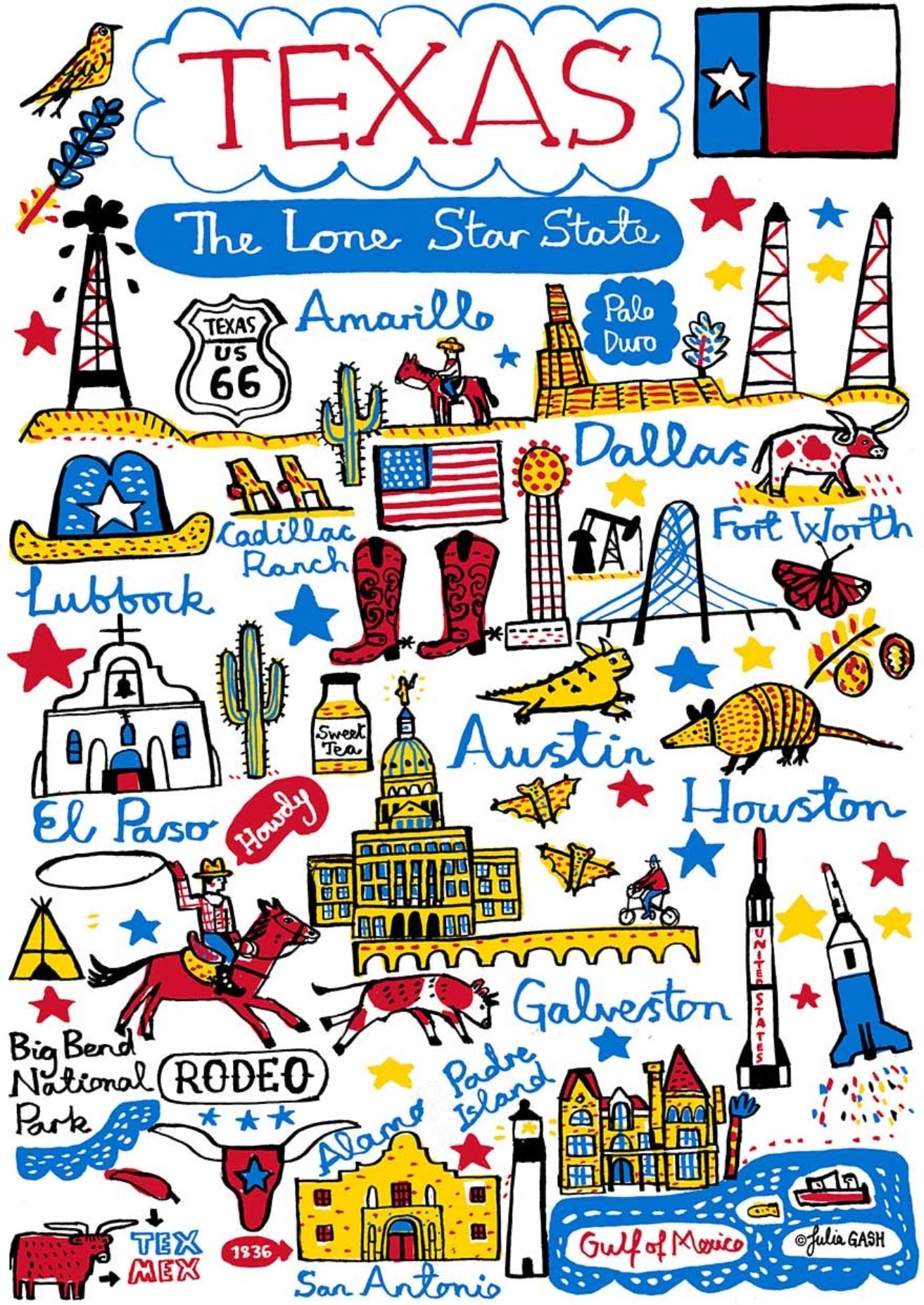 Contemporary Texas USA State Art Print featuring Dallas, Houston, Austin and El Paso by Julia Gash