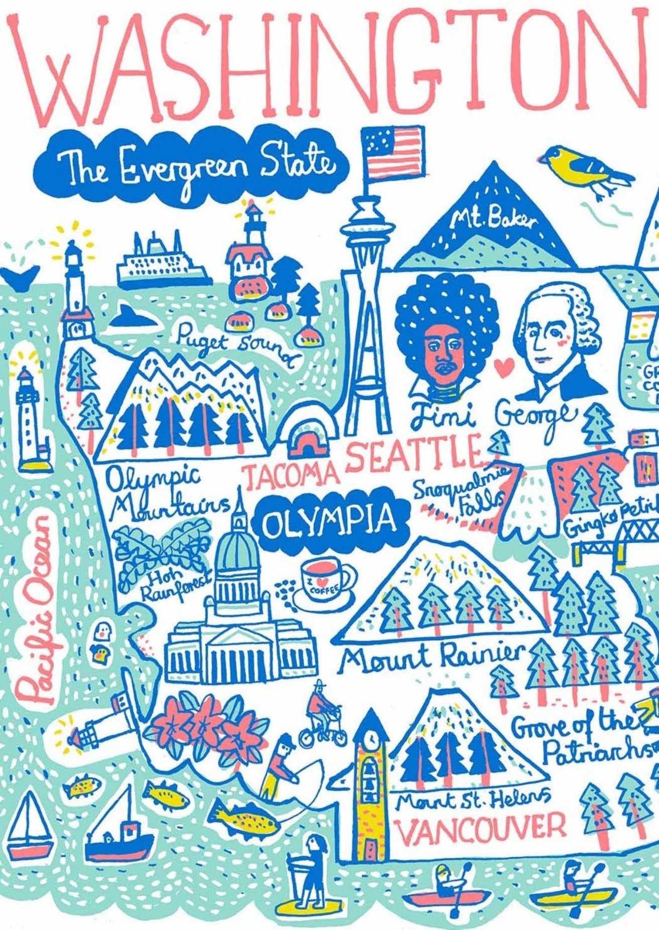 Washington State Map Illustration Print by Julia Gash featuring Seattle, Olympia, Tacoma, Vancouver