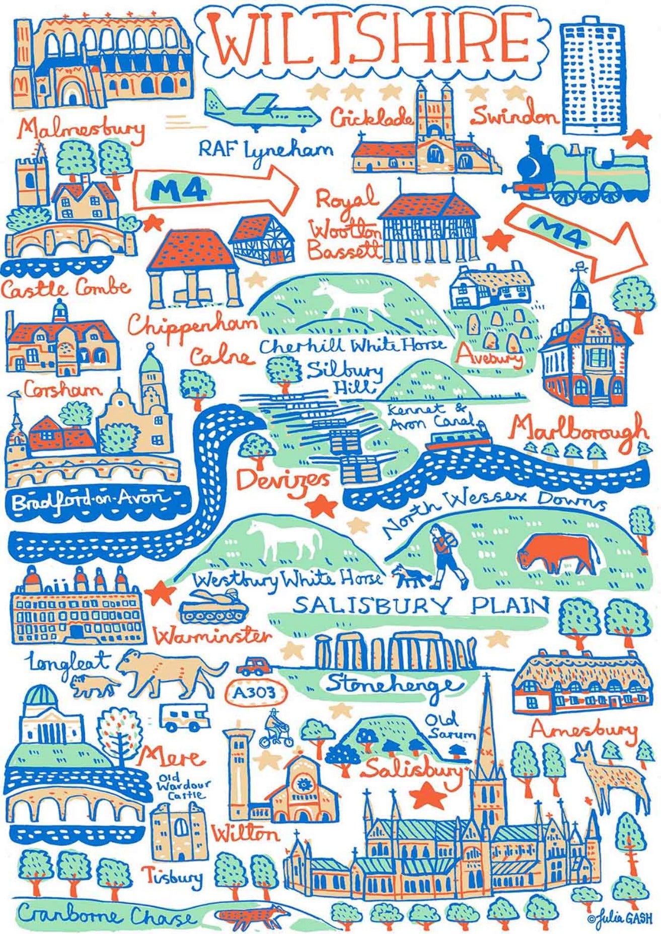 Wiltshire map illustration art print by Julia Gash featuring Stonehenge, Salisbury, Swindon, Chippenham, Devizes and Marlborough