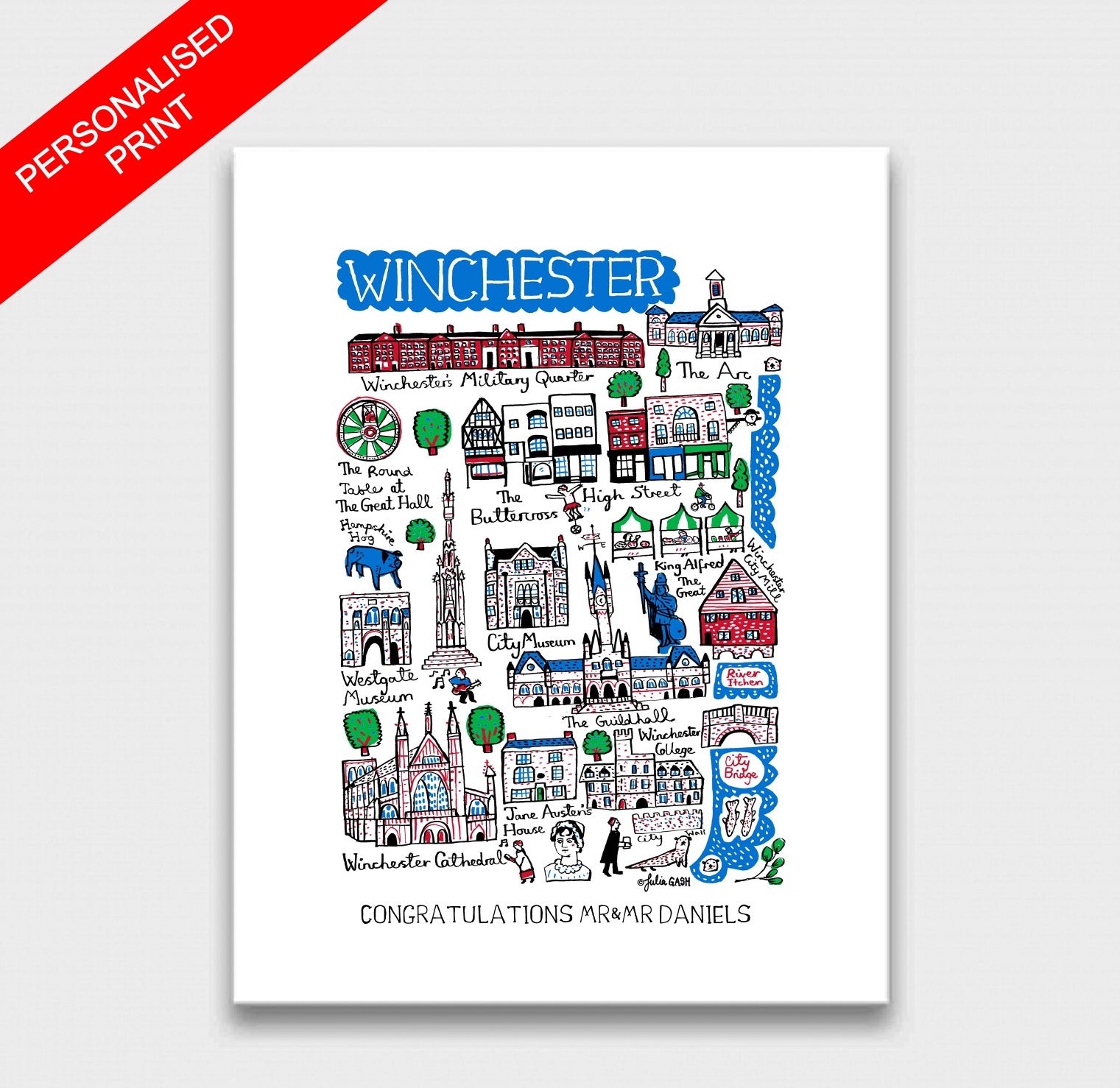 Personalised England Contemporary Travel Illustration by British Artist Julia Gash