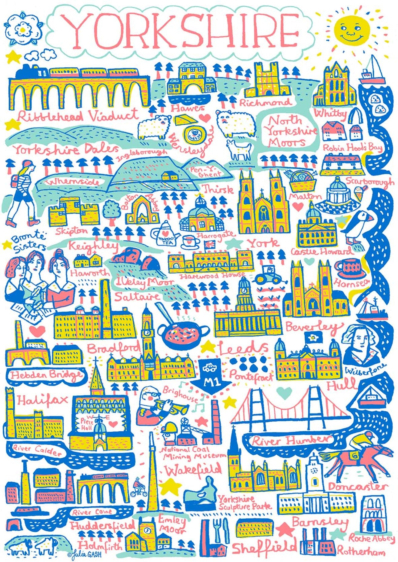 Whimsical Yorkshire Art Print featuring Leeds, Sheffield, Hull, York. Whitby, Harrogate and Doncaster by travel artist Julia Gash