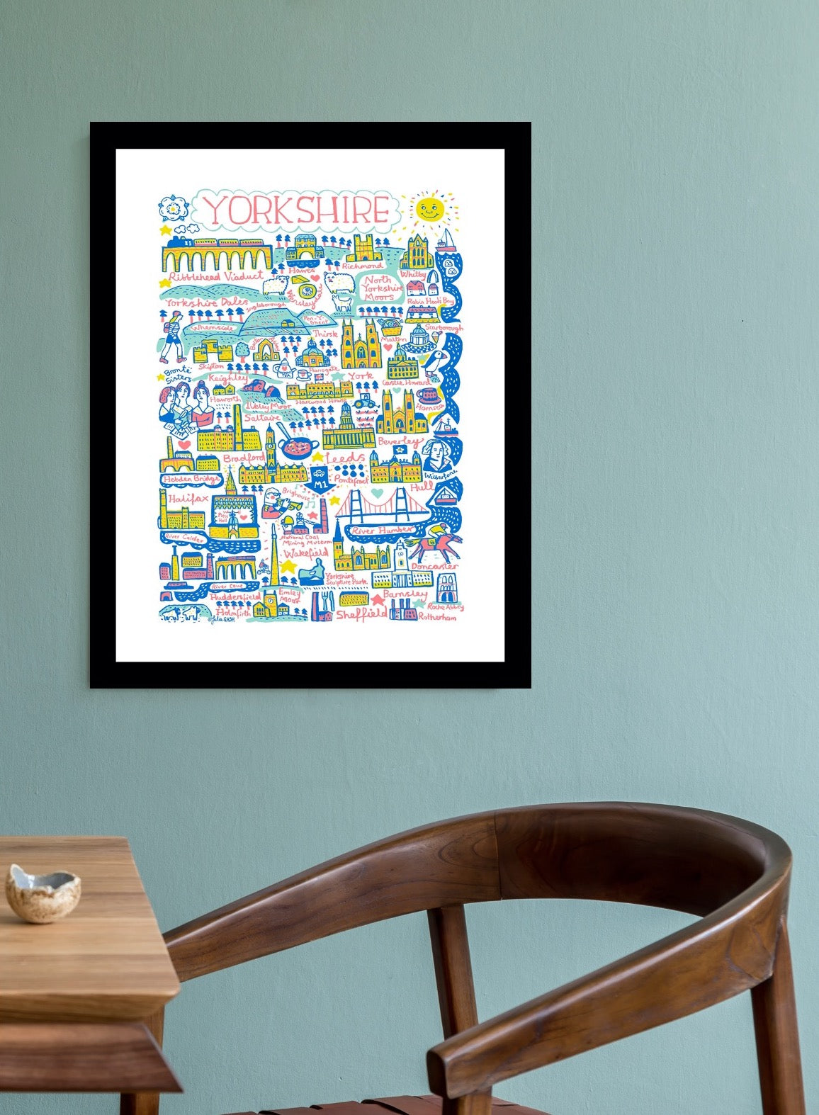 Whimsical Yorkshire Art Print featuring Leeds, Sheffield, Hull, York. Whitby, Harrogate and Doncaster by travel artist Julia Gash