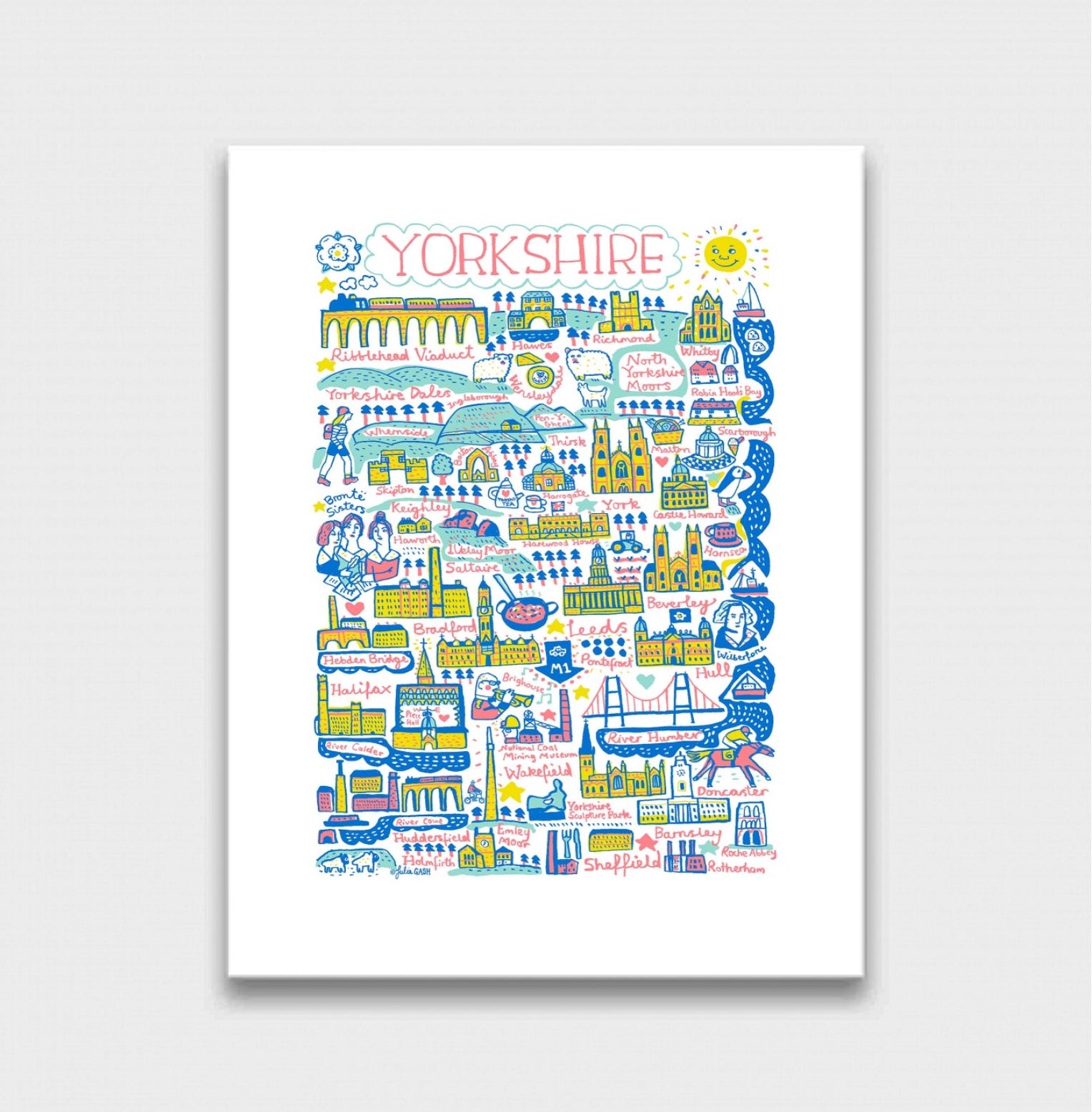 Whimsical Yorkshire Art Print featuring Leeds, Sheffield, Hull, York. Whitby, Harrogate and Doncaster by travel artist Julia Gash