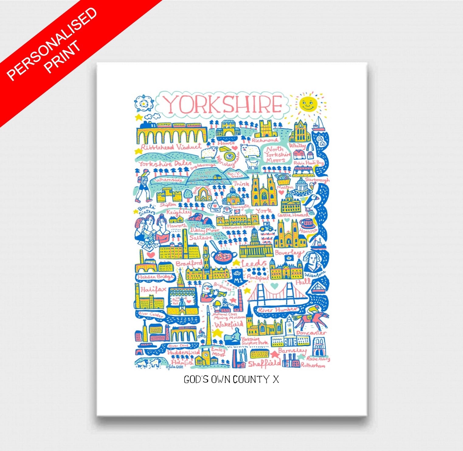 Whimsical Yorkshire Art Print featuring Leeds, Sheffield, Hull, York. Whitby, Harrogate and Doncaster by travel artist Julia Gash