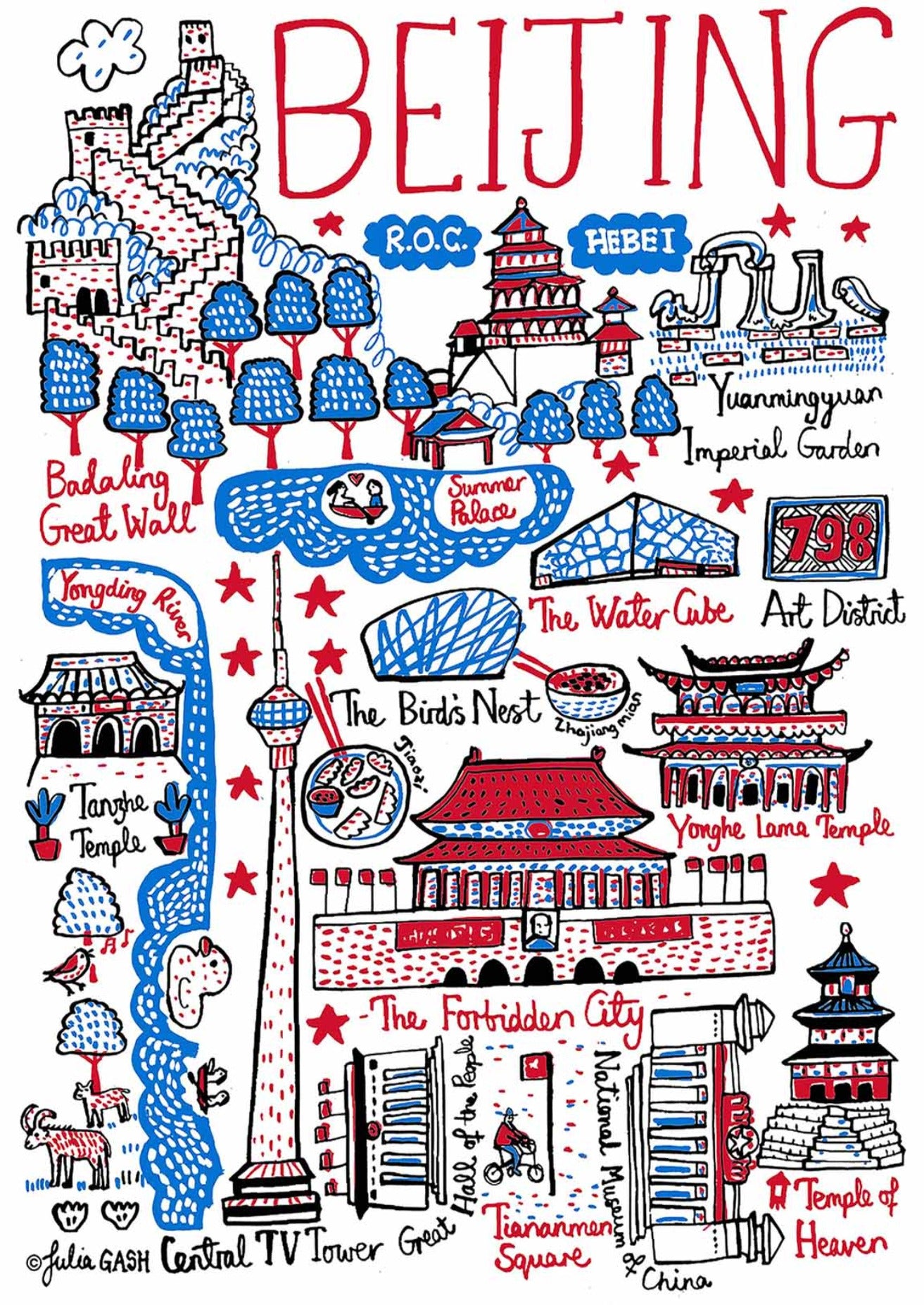 Beijing contemporary map illustration featuring the Great Wall, Forbidden City and Tiananmen Square by British travel artist Julia Gash